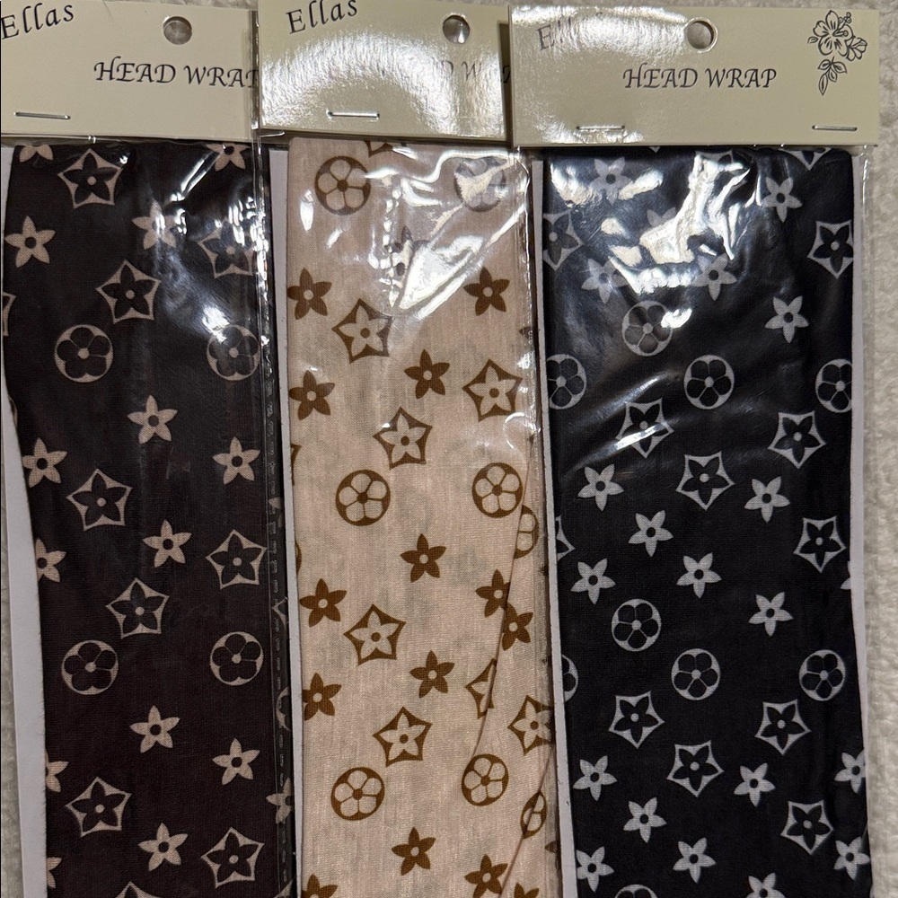 Patterned Head Wrap Set in Brown, Cream, and Black